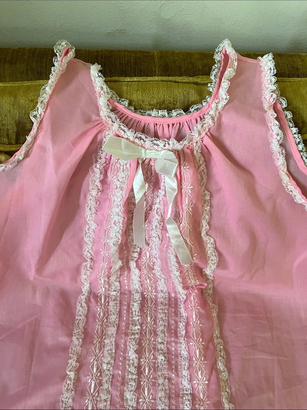 Vintage Pink Sleeveless Babydoll Nightgown with White Lace lingerie coquette - Picture 9 of 13